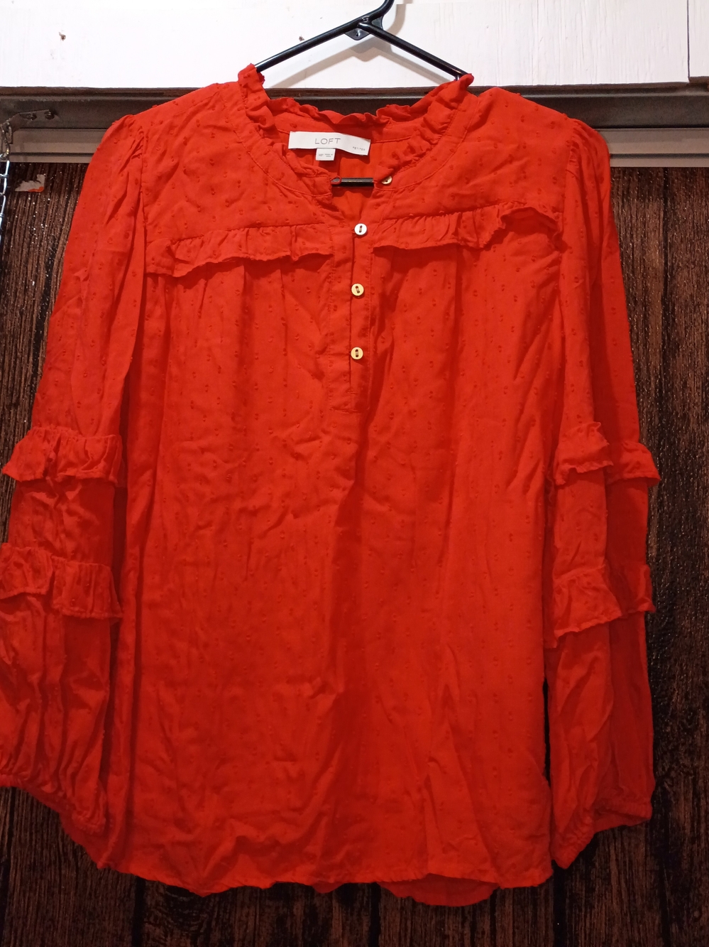 LOFT Red Ruffled Swiss-Dot Blouse